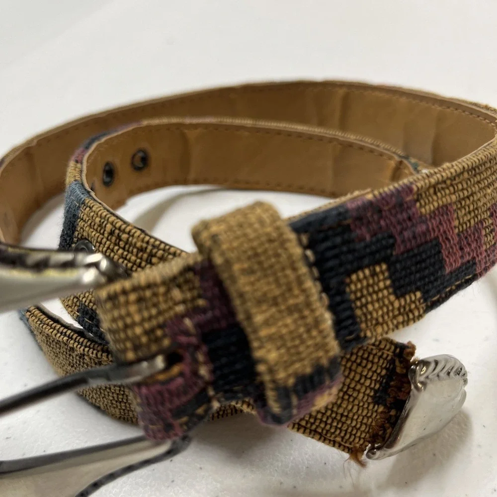 Vintage Express Belt Brown Woven Southwestern Stitched Gunmetal Buckle Tip Large
